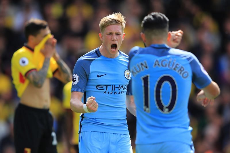 Kevin De Bruyne and Sergio Aguero celebration against Watford