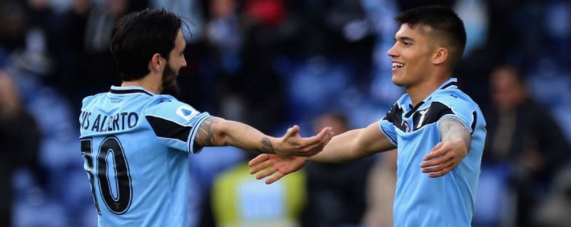 Lazio players celebrate after the opening goal