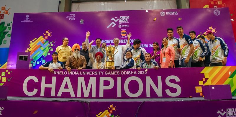 Champions of the first edition of the Khelo India University Games 2020, Panjab University posing with the trophy