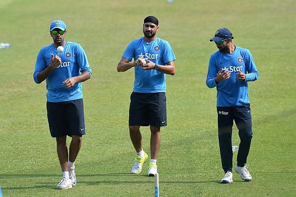 Harbhajan Singh along with Ravichandran Ashwin (left) and Ravindra Jadeja (right)