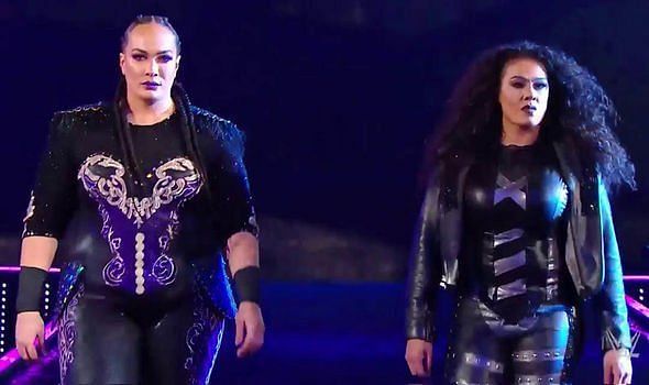 Nia Jax (L) and Tamina (R) challenged for the WWE Women&#039;s Tag Team Championship&nbsp;at WrestleMania 35