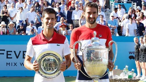 Djokovic lost to Cilic (right) in the 2018 Queens final