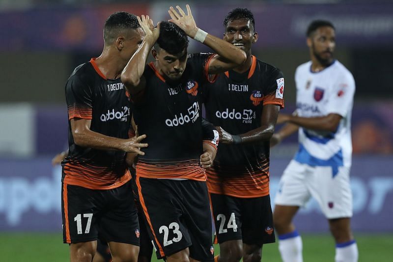 Edu Bedia celebrates after scoring against Odisha FC in an ISL match