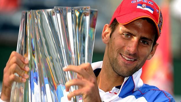 Djokovic lifts his second Indian Wells title in 2011.