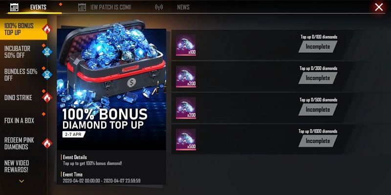 100% Bonus diamond top-up event