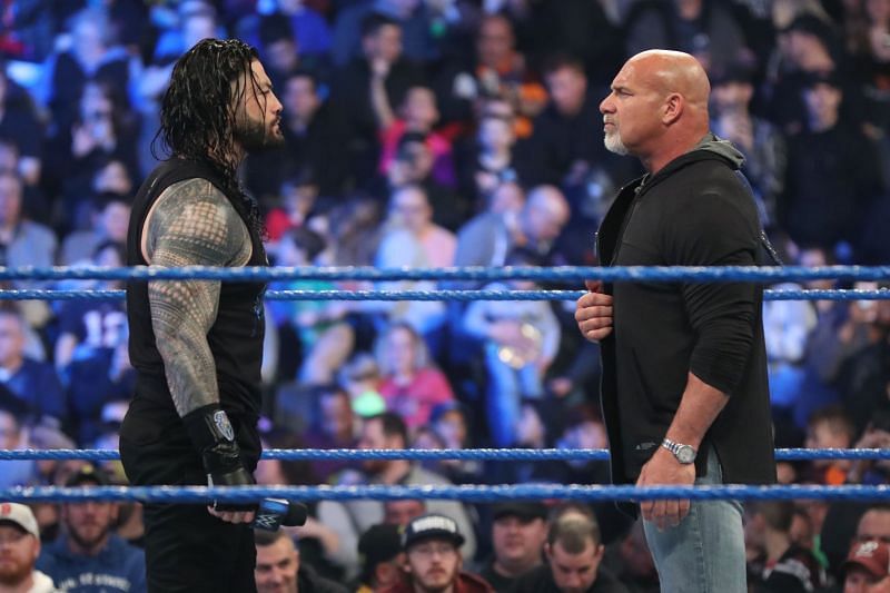 Roman Reigns (left) has pulled out of his match against Goldberg at WM 36
