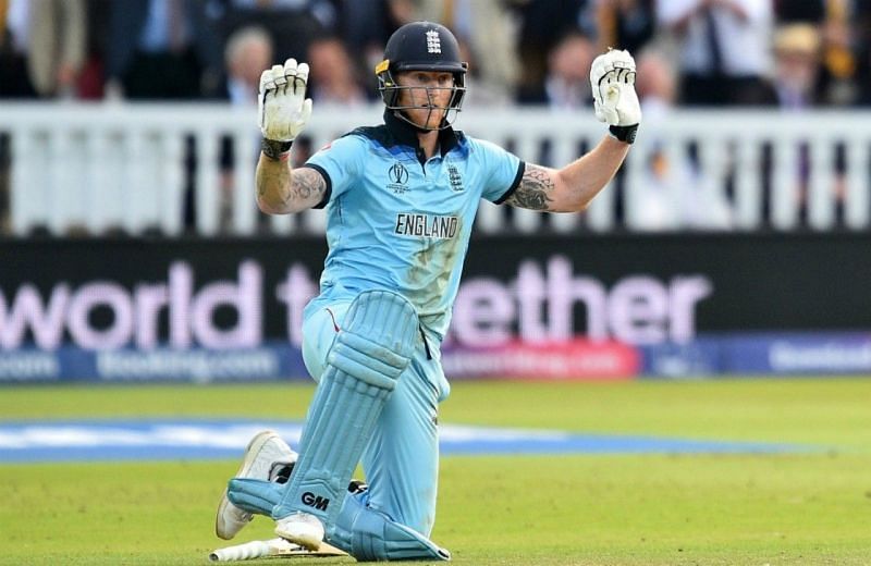 Ben Stokes apologises after he inadvertently deflected the ball to the boundary.
