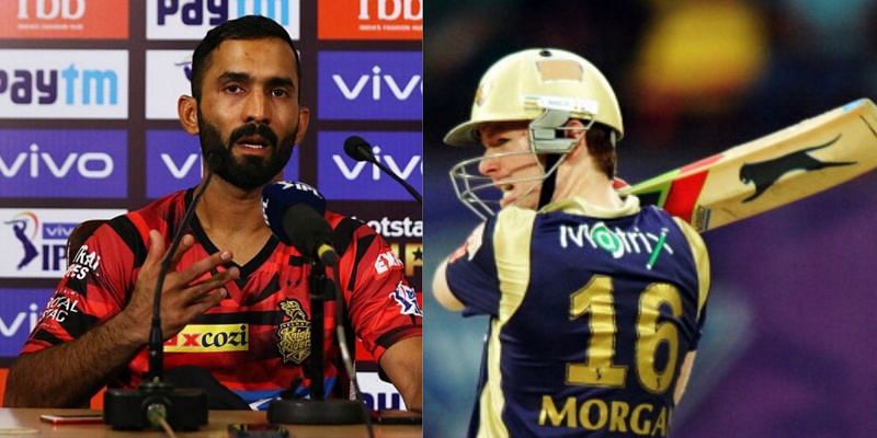 Eoin Morgan (right) has expressed a keen desire to learn essential leadership qualities from current KKR skipper&nbsp;Dinesh Karthik (left)