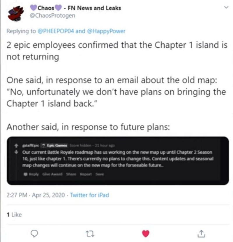 The tweet (now confirmed fake) hinted that there was no chance of a Fortnite map change anytime soon.