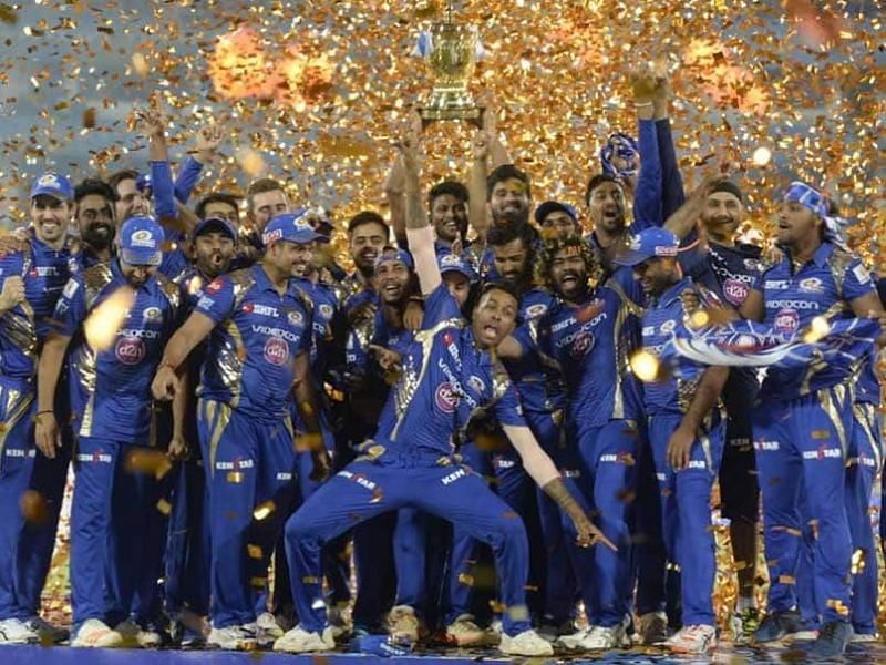 Mumbai Indians celebrate their 2017 IPL title.