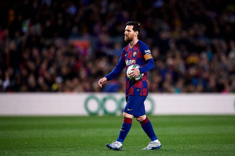 Lionel Messi of FC Barcelona prepares to take a penalty against Real Sociedad in a La Liga game.