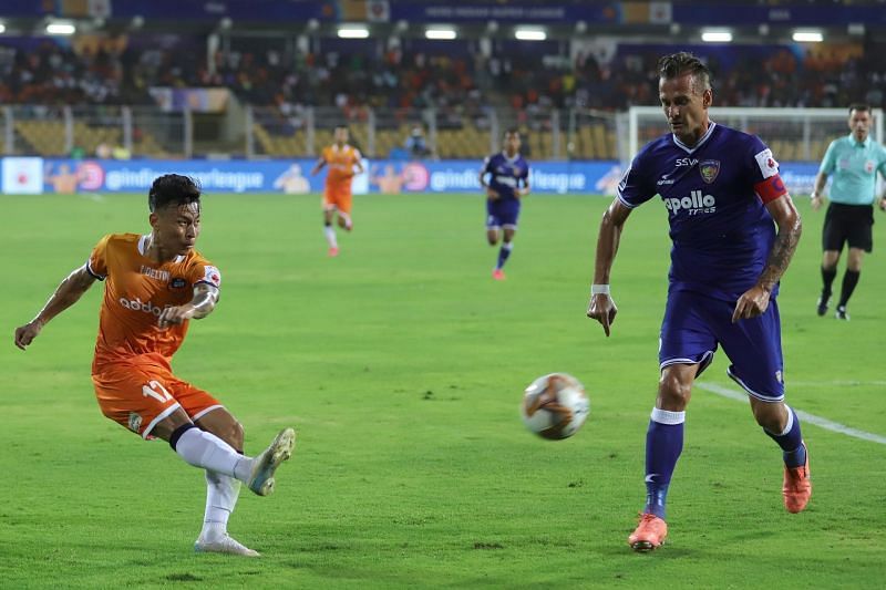 Jackichand Singh in action for FC Goa against Chennaiyin FC in the ISL semi-final first leg