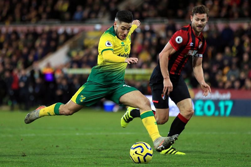 Emiliano Buendia of Norwich City shoots during a Premier League match against Bournemouth.
