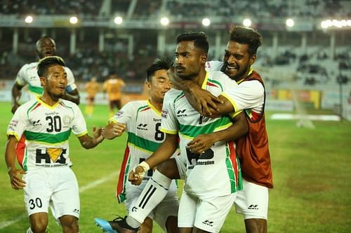 Krishnananda Singh (second from right) celebrates after scoring the equalizer against Gokulam Kerala