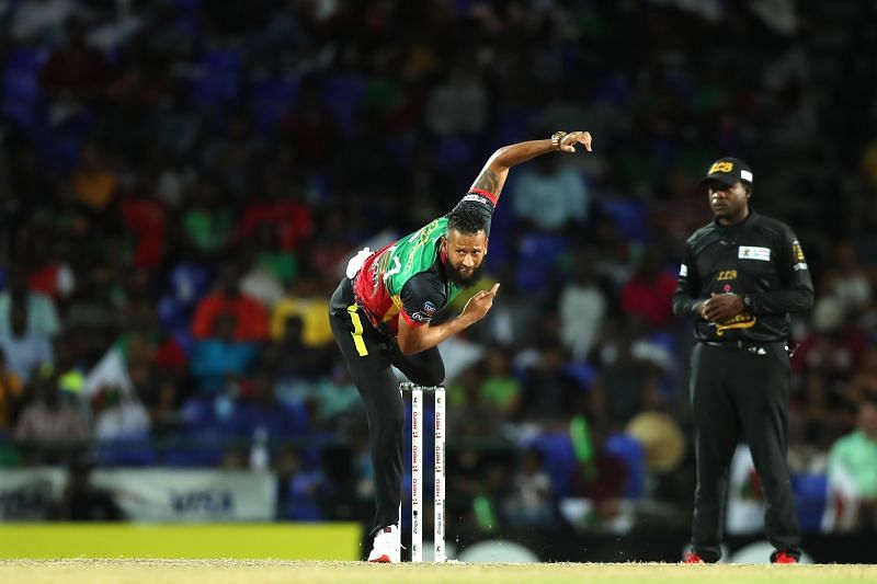Rayad Emrit bowling in the CPL