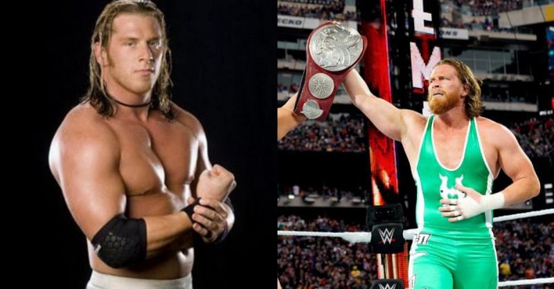 Hawkins when he was in OVW (L); last year at WrestleMania where he and Ryder won the RAW Tag Team Titles