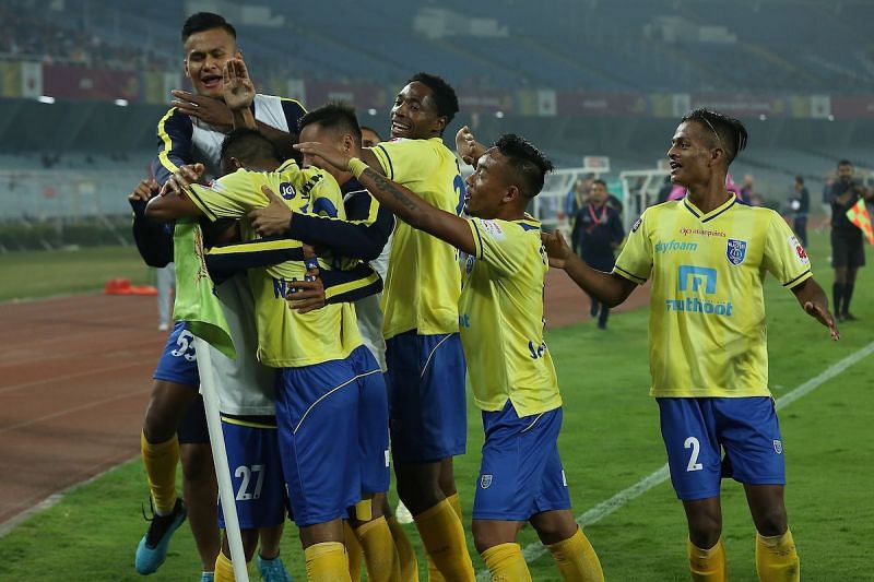 Kerala Blasters players celebrate their win over ATK