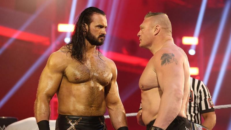 Drew McIntyre and Brock Lesnar competing in a staring contest, probably