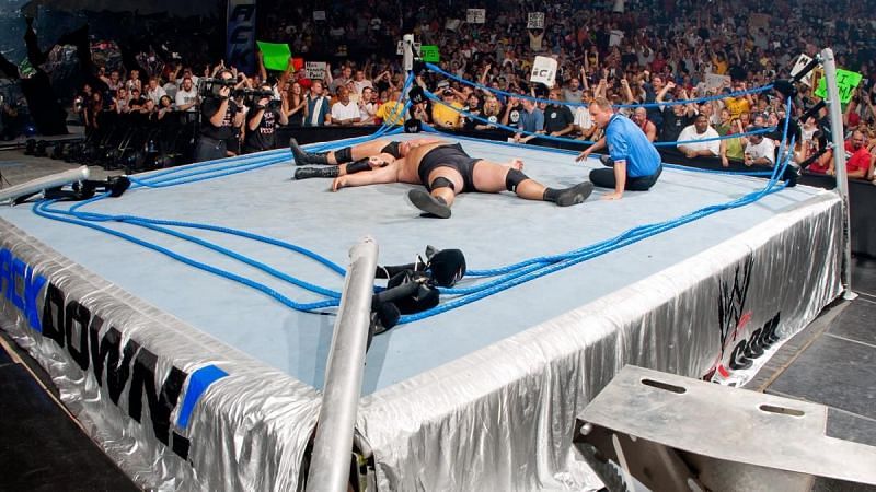 The ring collapsed under the weight of the two Superstars