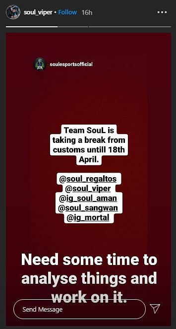 SouL Viper shared on Instagram Story.
