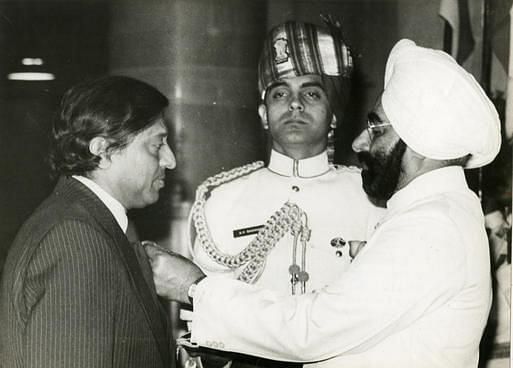 Chuni Goswami receiving the Padma Shri in 1983.