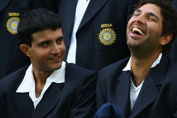 Sourav Ganguly (left) and Yuvraj Singh (right) sharing a light moment