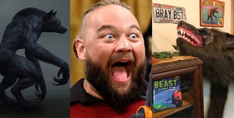 Dogman (left), Bray Wyatt (center), and the Beast of Bray Road (right) Photo Credits -- dogmanencounters.com, WWE.com, and Loren Coleman courtesy the International Cryptozoology Museum