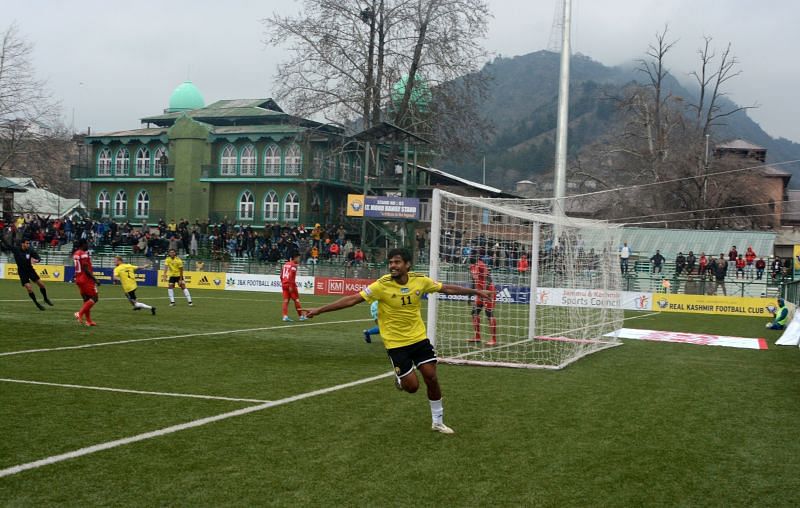 Ritwik Kumar Das celebrates after providing an assist in Real Kashmir&#039;s I-League match against Aizawl FC
