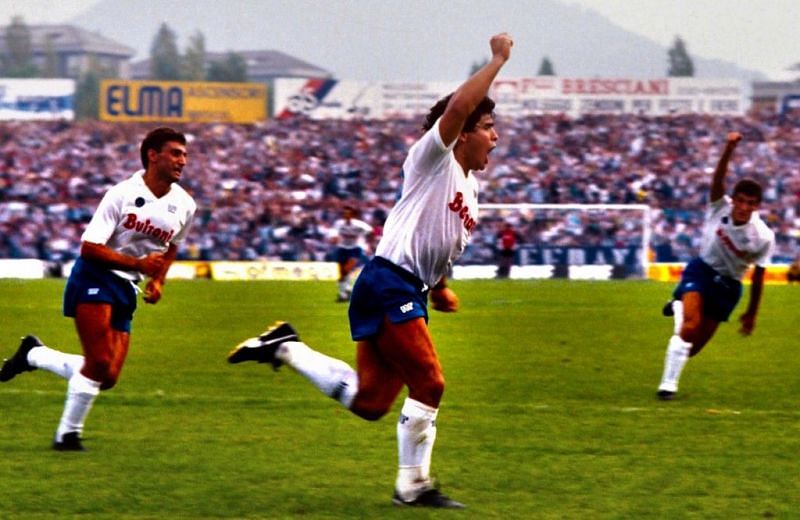 Celebrating a goal with Bruno Giordano and Ciro Ferrara joining in