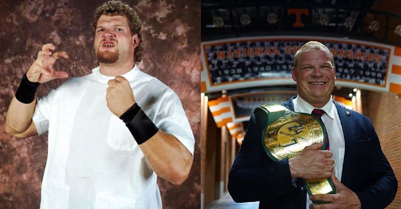 Kane as Isaac Yankem (L); Glenn Jacobs after winning the 24/7 Title