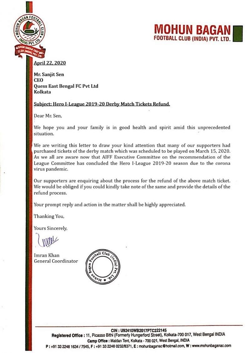 The letter addressed to the East Bengal CEO seeking a refund process