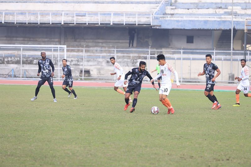 Cavin Lobo in action for Punjab FC (wearing jersey #7) against Indian Arrows in I-League last season