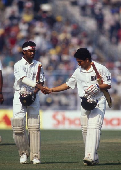 Vinod Kambli (left) and Sachin Tendulkar (right) were batting partners since their early school days