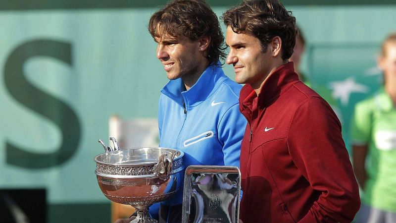 Roger Federer and Rafael Nadal at the 2011 Roland Garros post-match presentation