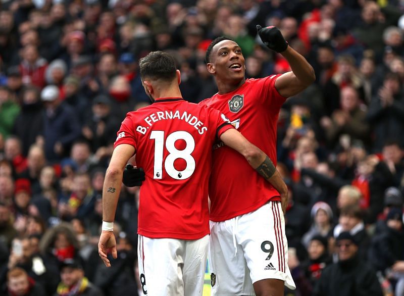 Anthony Martial and Bruno Fernandes in action