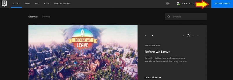 The 'Get Epic Games' icon is available on the upper right corner, as highlighted in the image.