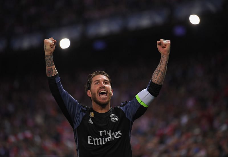 Sergio Ramos celebrates scoring a goal for Real Madrid.