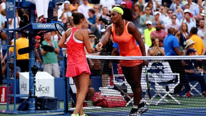 Serena Williams congratulates Roberta Vinci after their 2015 US Open semifinal