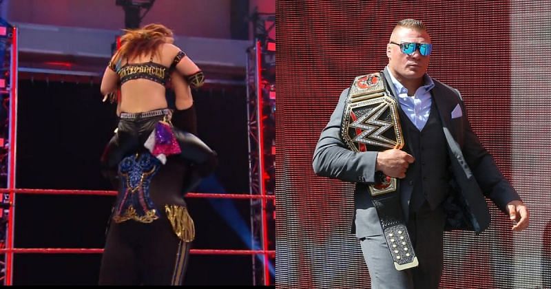 Nia Jax setting up Kairi Sane for the buckle bomb in RAW, Brock Lesnar.