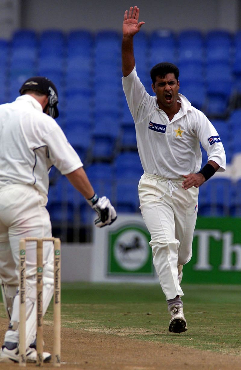 Pakistan&#039;s Waqar Younis runs down the wicket.