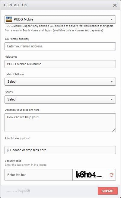 Contact us option of PUBG Mobile site