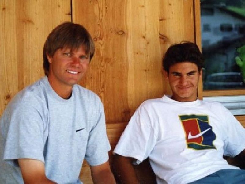 A young Roger Federer with coach Peter Carter