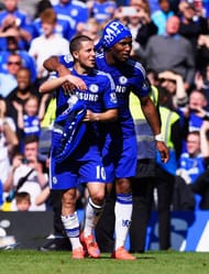 Eden Hazard and Didier Drogba celebrating Chelsea's 2014-15 Premier League title