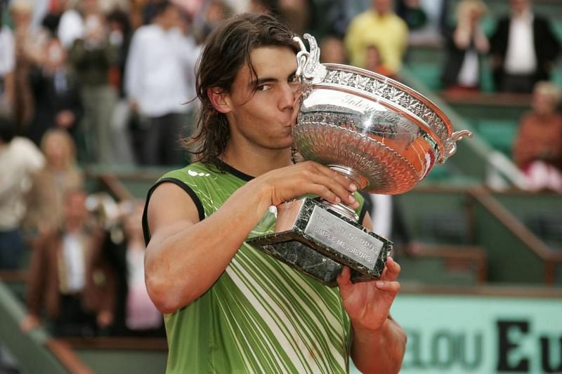 Rafael Nadal celebrates his first Roland Garros title in 2005