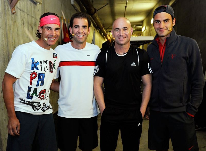 Roger Federer (R) with Pete Sampras, Andre Agassi and Rafael Nadal
