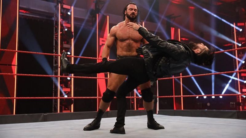 Drew McIntyre laying out Seth Rollins with a headbutt