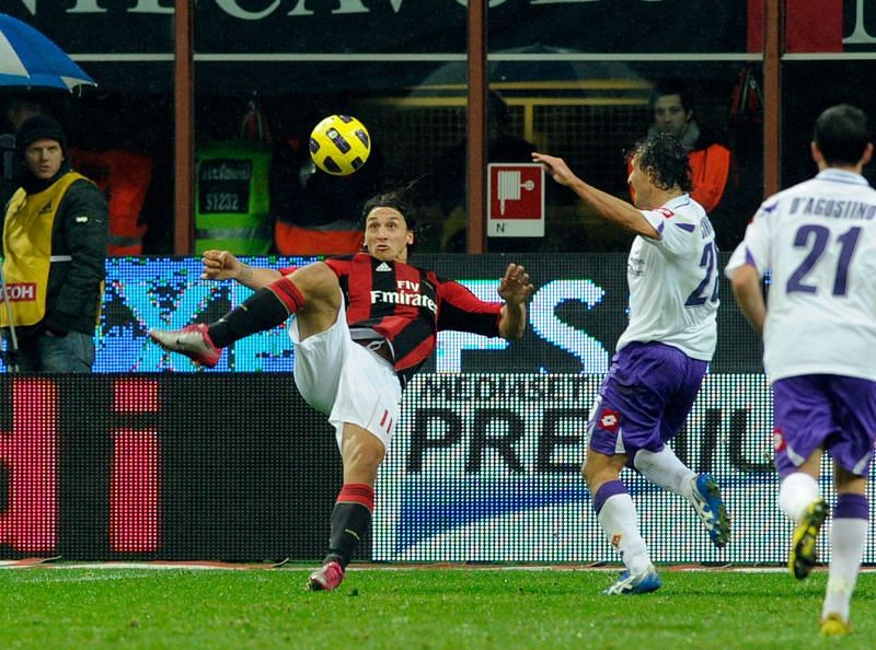 Zlatan Ibrahimovic injured himself with this goal for Milan in 2010 - but refused an attempt to substitute him