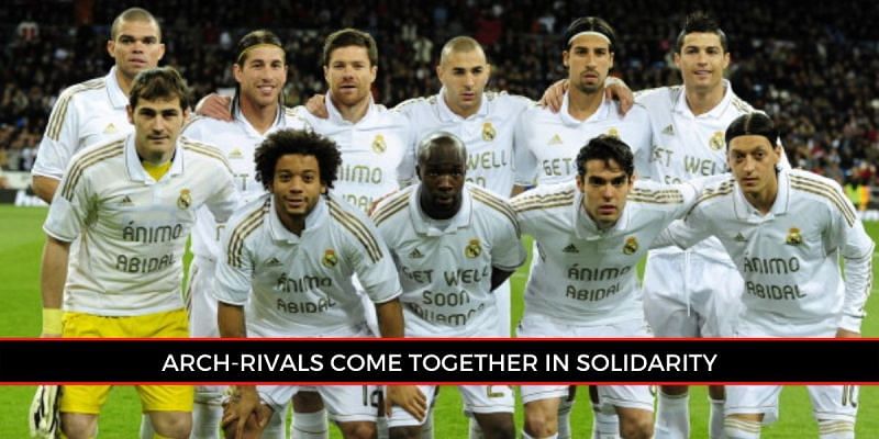 Real Madrid players showed their support with a message for Barcelona&#039;s Eric Abidal.