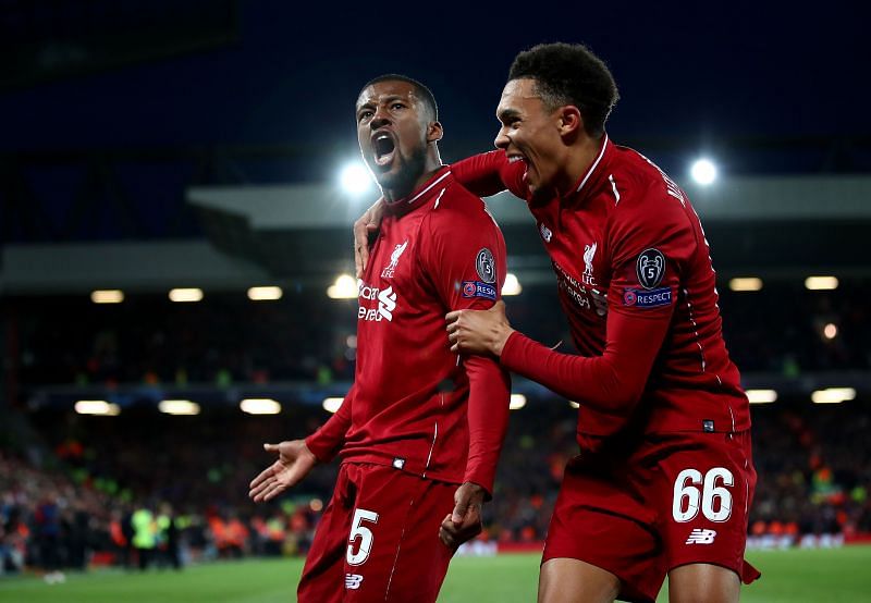 Wijnaldum and Alexander-Arnold celebrate after the second goal of the game