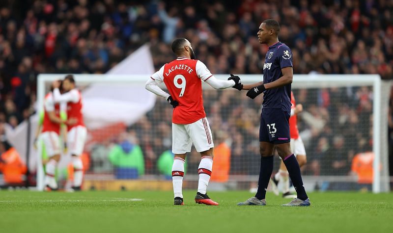 Lacazette shakes hands with Issa Diop after fulltime in a recent Premier League game